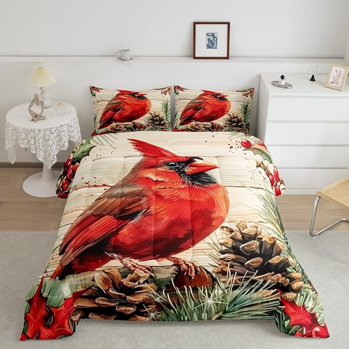 jejeloiu Kids Red Cardinal Comforter Set Twin Size Christmas Theme Bedding Set for Boys Girls Teens Xmas Birds Winter Rustic Wood Plank Animal Duvet Quilt Room Decor