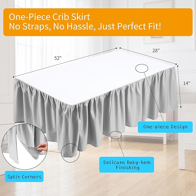 Crib Bed Skirt Dust Ruffle 100% Cotton - Natural, Soft, Breathable for Baby's Delicate Skin, Nursery Toddler Crib Bed Skirt for Baby Boys Girls, Fits Standard Cribs 28" x 52" with 14" Drop