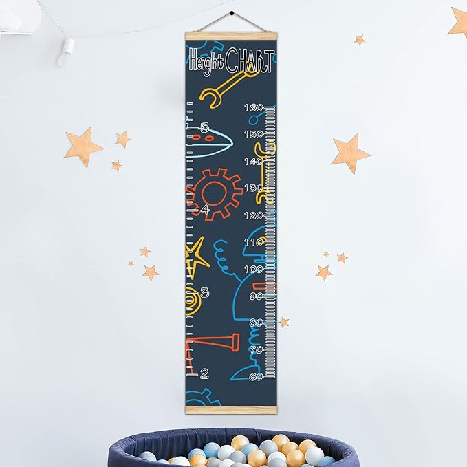 Kids Growth Chart Ruler for Wall Wood Frame Height Measure Chart 13.4x56 in Linen Hanging Height Growth Chart Robot Space Rocket Spaceship Kids Room Decor