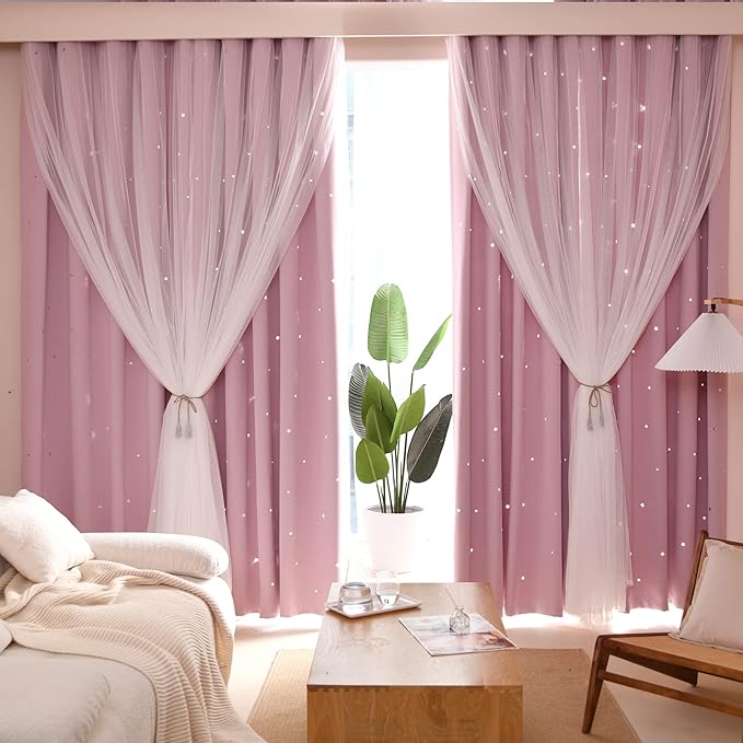 Kinryb Princess Curtains for Girls Bedroom with Sheer Overlay,Double Layer Curtain for Living Room with Star Cutout, Curtains for Kids Room (52 W*72 L Inches,2 Pcs Pink)