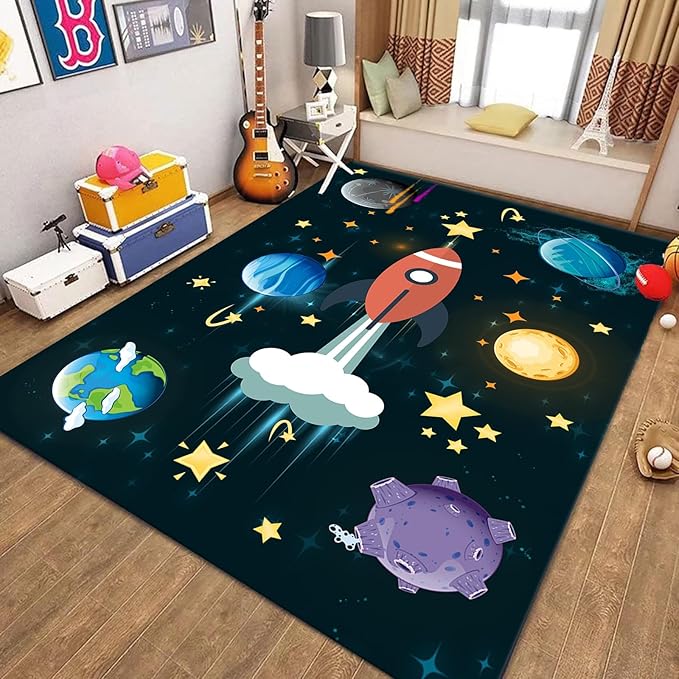 3x4ft Outer Space Rug - with Rocket and Planet Design, Non-Slip Washable,Kids Rugs for Playroom Easy Care Rug, for Children's Room, Toddlers, Classroom, Playroom, Baby Daycare