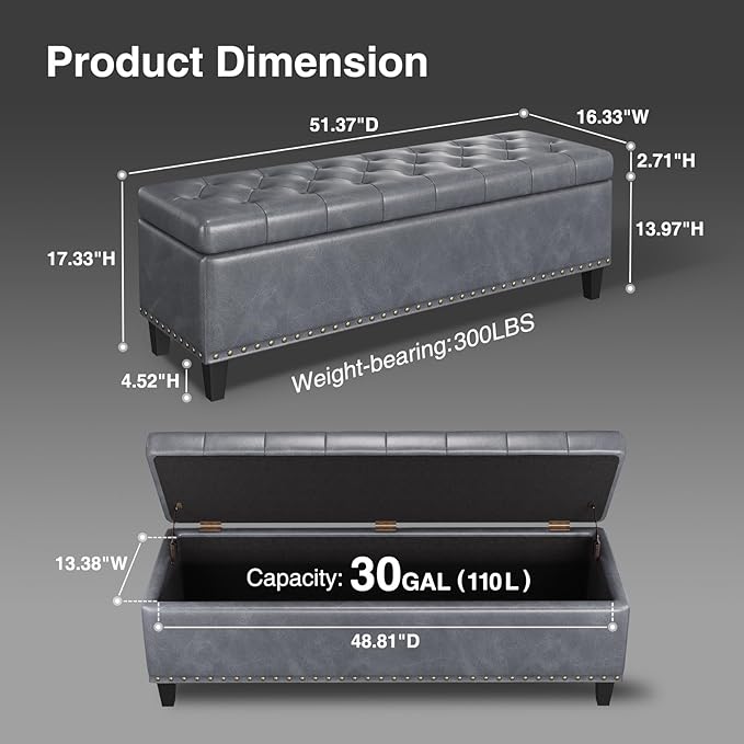 Large Storage Bench, 51-Inch Ottoman for Bedroom End of Bed, 30 Gallons Faux Leather Bench for Bedroom, Living Room, Entryway, Hallway, Grey