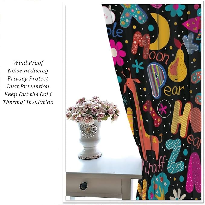 Cartoon Alphabet Curtains Funny Education Animal Giraffe Curtain with Rod Pocket for Bedroom Living Room Home Decor Drapes Thermal Insulated Window Treatments 2 Panels Set 63" W X 63" L
