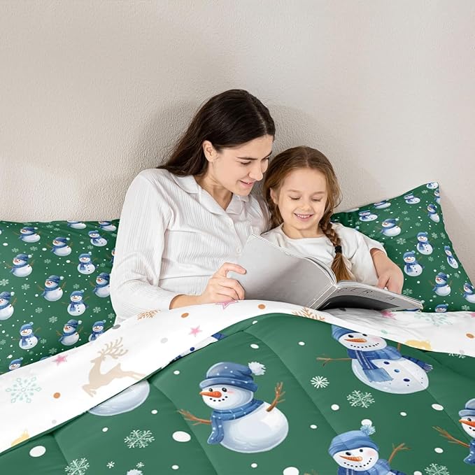 jejeloiu Kids Cute Winter Snowman Comforter Set Twin Size Green Christmas Theme Bedding Set for Boys Girls Teens Xmas Snowflake Happy New Year Duvet Quilt Room Decor