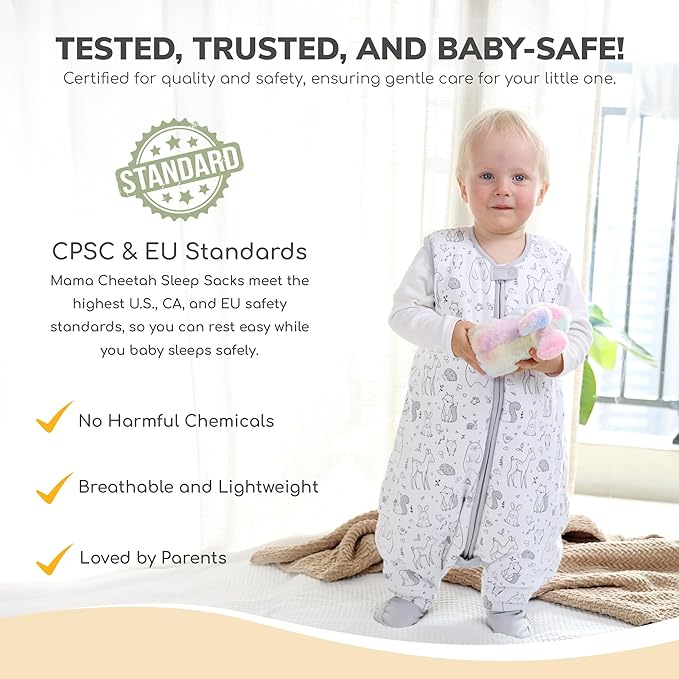 Mama Cheetah Toddler Sleep Sack with Feet in 1.0 Tog Organic Cotton for Boys and Girls, Baby Sleep Bag with Legs and 2-Way Zipper, Early Walker Medium