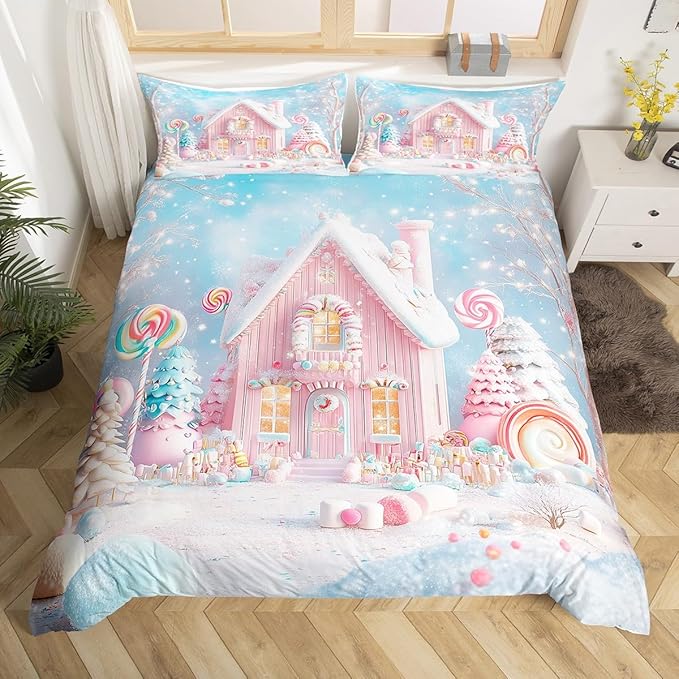 Manfei Christmas Kids Duvet Cover Set Queen Size, Cute Xmas Cabin Trees Bedding Set for Boys Girls Room Decor, New Year Theme Comforter Cover, Lightweight Bedspread Cover, 2 Pillowcases, No Comforter