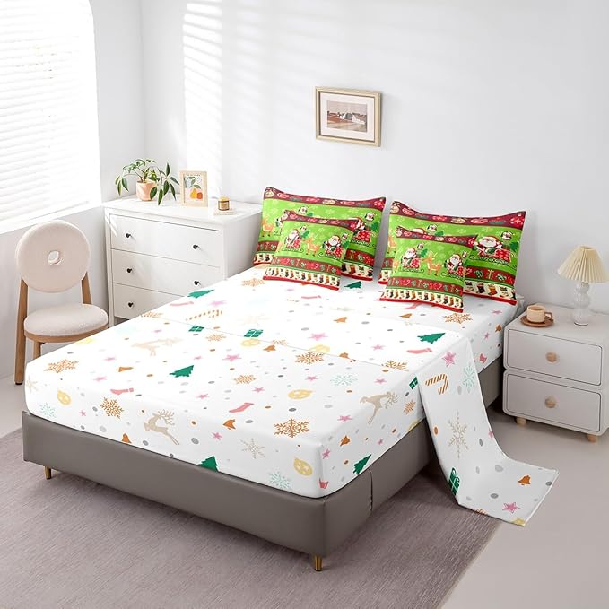 Feelyou Christmas Santa Claus Deer Bedding Set Cartoon Stockings Bedding Set for Kids Boys Girls Teens Decor Christmas Snowflake Bed in a Bag Kawaii Bed Set 7Pcs King Size