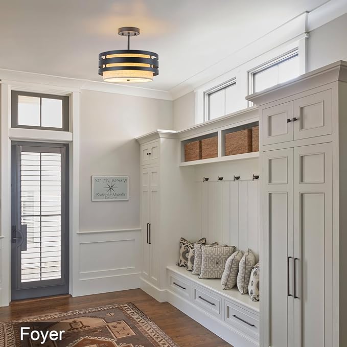 12.6” Drum Semi Flush Mount Ceiling Light Fixture 3-Light Black Fabric Ceiling Lights with Linen Shade, Farmhouse Close to Ceiling Lighting for Bedroom Hallway Kitchen Entryway Foyer Dining Room