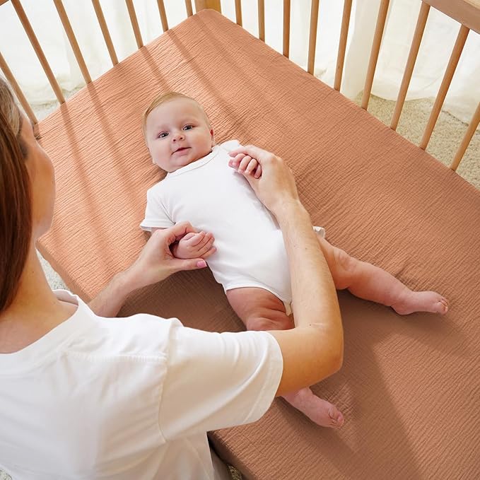 Muslin Crib Sheet – 100% Cotton Baby Fitted Sheet for Boys & Girls, Ultra Soft & Breathable, Snug Fit with 360° Elastic, Fits Standard Crib Mattress 28" x 52" & Toddler Beds.