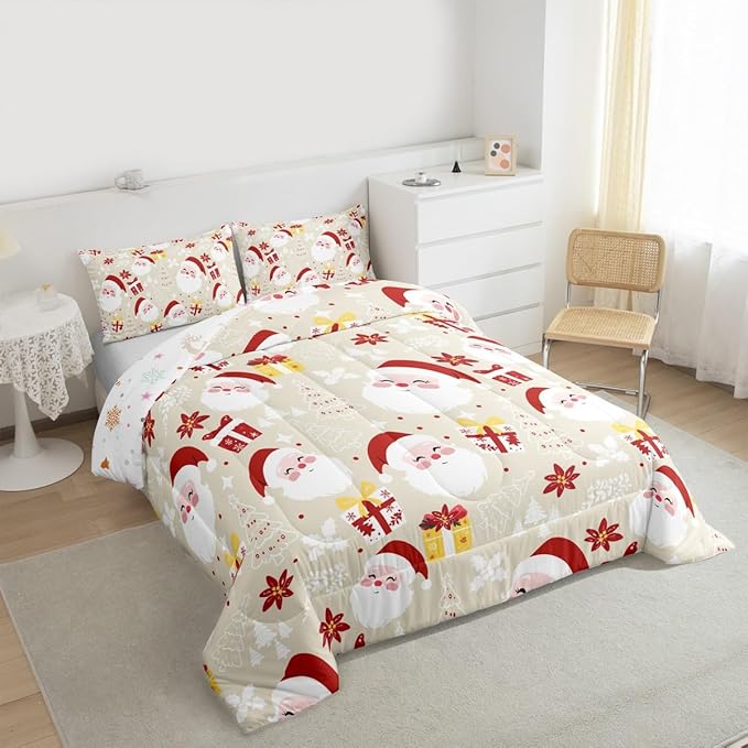 jejeloiu Santa Claus Comforter Set King Size Merry Christmas Bedding Set for Kids Boys Girls Xmas Themed Duvet Quilt Beige Bedroom Decor