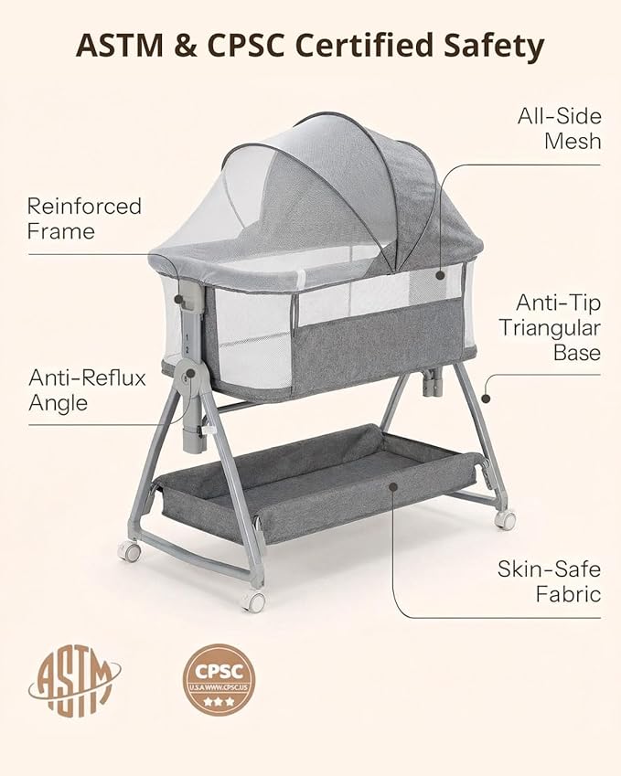 3 in 1 Baby Bassinet Bedside Sleeper with Mattress and Wheels, 5 Height Adjustable Bed Side Bassinets for Newborn, Gray Rocking Bassinet for Baby