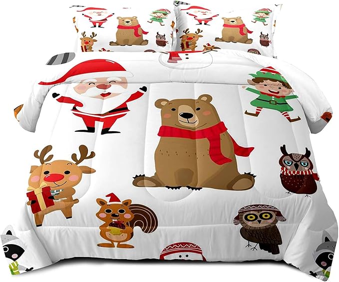 LUVIVIHOME 2PCS Merry Christmas Comforter Set Twin Size, Boys Girls Kids Bedding, White Quilt, Funny Cute Cartoon Santa Claus Elf Owl Elk Reindeer Squirrel Xmas Christmas Bedroom Decor, 1 Pillow Sham