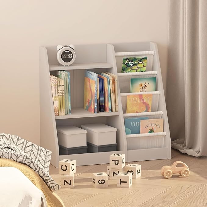 NACHES Montessori Kids Bookshelf Fabric Sling Pockets & Open Shelves – Front Facing Toddler Book Display and Toy Storage Organizer for Nursery Playroom or Bedroom 25" Wide (Gray, Small)
