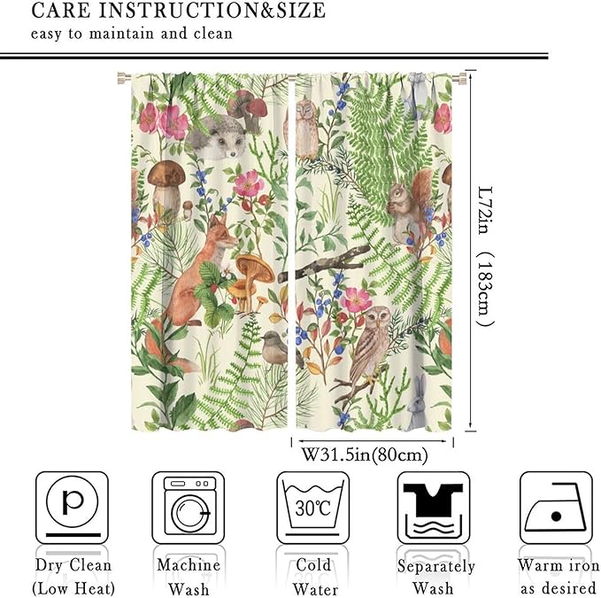 Forest Animal Curtains, Kids Rustic Wild Animal Window Treatments Watercolor Cute Woodland Fox Hedgehog Window Drapes for Nursery Toddler Bedroom 63x72in
