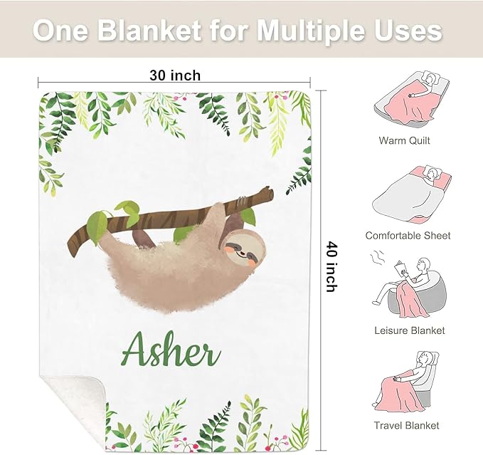 Cute Sloth Personalized Receiving Sherpa Fleece Baby Blankets for Girls Boys Kids, Swaddle Blankets Gift for Newborn Crib Infants 30x40 Inches