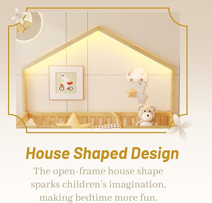 Twin Size House Bed for Kids, Low Profile Montessori Bed Twin with High Railings, Wood House Shape Montessori Beds with Light & Roof for Kids, Natural
