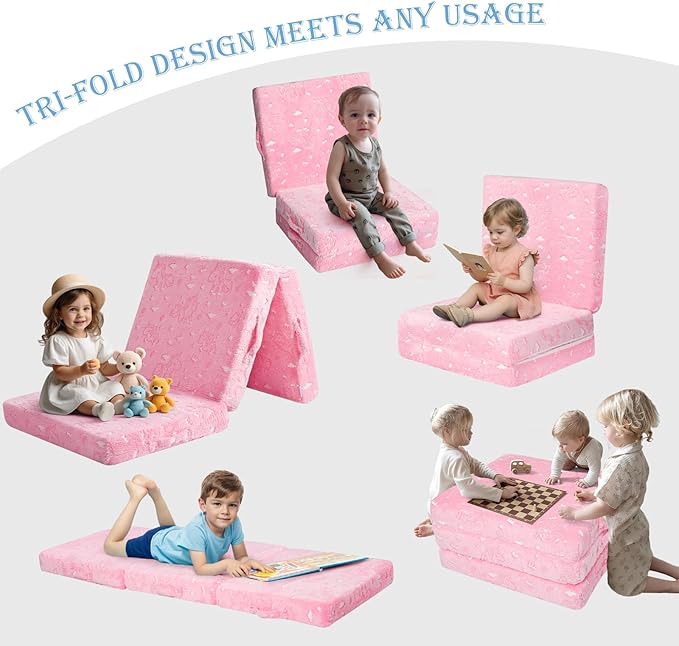 MeMoreCool Glow Unicorn Kids Foldable Floor Mattress – 75x25 Inch Pink, Trifold Nap Mat & Floor Bed | Portable Futon for Toddlers | Includes Storage Bag | Glow in The Dark