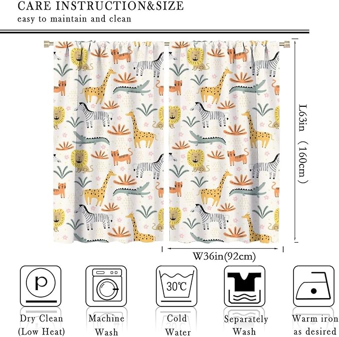 Wild Animals Curtains, Cute Cartoon Animals Zoo with Lion Zebra Crocodile Cat and Giraffe Tropical Jungle Plant Print Window Treatments for Kids Boys Girls Bedroom Living Room 72x63in
