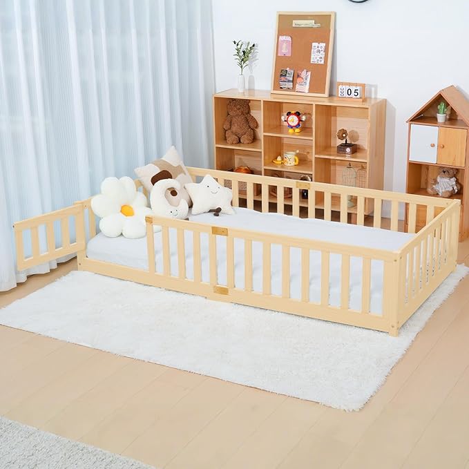 NAIZEA Twin Floor Bed for Kids-Twin Montessori Bed Frame with Wood Slats and Door and Slats, Wood Toddler Floor Beds for Girls and Boys, Natural