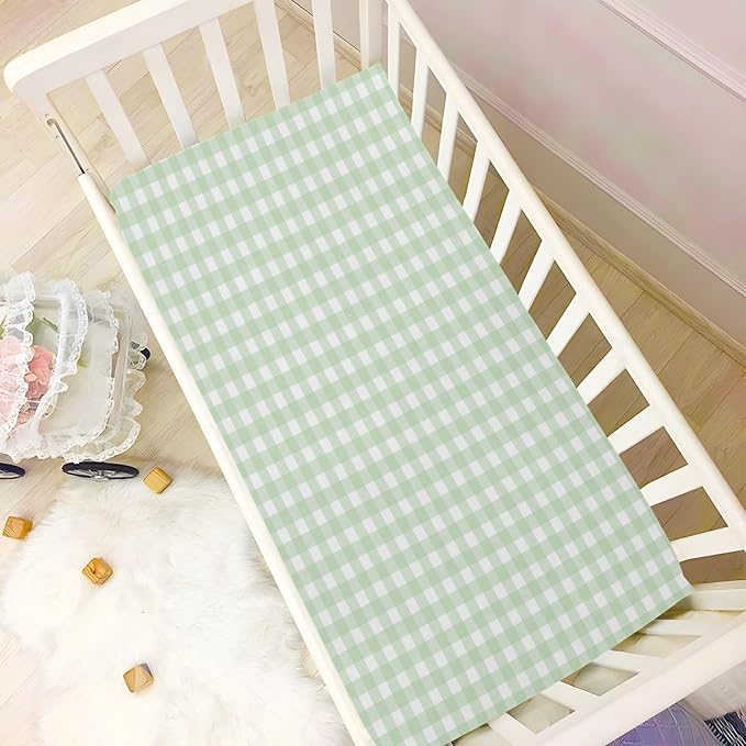 Green Gingham Checkered Crib Sheets for Boys and Girls, Fitted Baby Crib Sheet Soft Crib Mattress Sheets 52 X 28 Inches