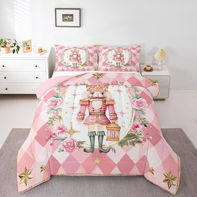 Feelyou Christmas Comforter Set Twin Size Pink Nutcrackers Bedding Set for Kids Boys Girls Floral Duvet Quilt Funny Nutcracker Bedroom Decor Rose Microfiber 2 Pcs with 1 Pillow Cases