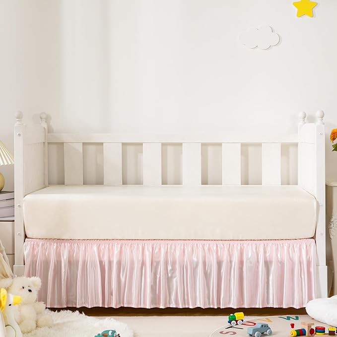 Blush Pink Satin Crib Bed Skirt, 52" x 28" with 14" Drop Silky Soft Baby Crib Skirt for Baby Girls or Boys, Fit for Standard Crib & Toddler Bedding