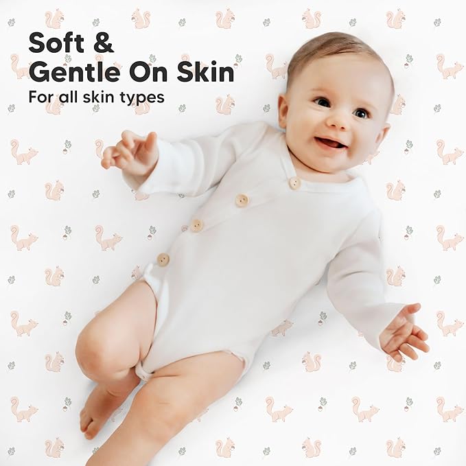 2-Pack Mini Crib Sheets Fitted - 38x26 Pack N Play Sheets for Pack and Play Mattress, Organic Cotton, Soft & Breathable Playard Bedding, Neutral Mini Toddler Bed Cover for Boys, Girls (Nibbles/Bruce)