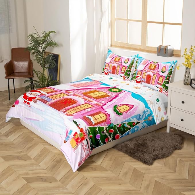 Feelyou Merry Christmas Pink Comforter Cover Set Cartton Cute Santa Claus Bedding Set Full Size for Kids Boys Girls Bedroom Bed Decor Xmas Duvet Cover Set Soft Quilt Cover,No Comforter