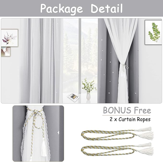 Kinryb Kids Blackout Curtains for Bedroom/Living Room/Classroom, Sheer Overlay Small 2 Panel Set, Double Layer Curtains with Star Cutout for Kids Room(W 52 x L 36 Inches,Silver Grey 2 PCs)