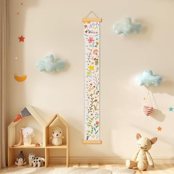 Personalized Name Growth Chart for Wall, Painted Plants Canvas Height Chart for Kids Baby Child Toddler, Canvas Growth Chart for Wall Nursery Decor, Hangable & Waterproof