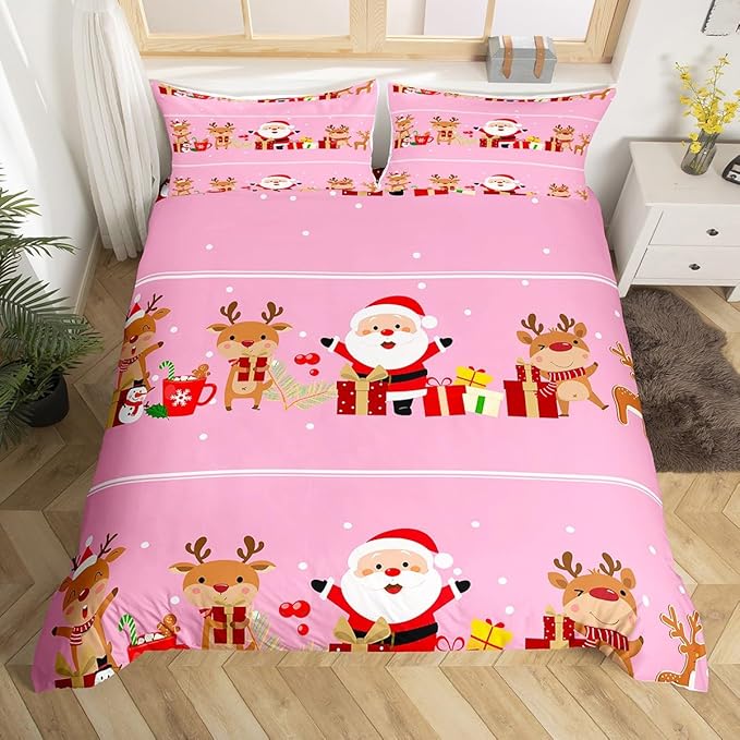 Christmas Bedding Duvet Cover Set Kids Cartoon Santa Claus Bedding Set Boys Girls Deer New Year Decor Comforter Cover Set Microfiber Gift Boxes Xmas Theme Bedspread Cover Bedroom Bedclothes Full Size