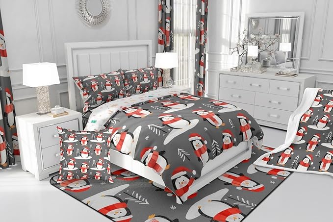 Feelyou Christmas Comforter Set All Season Penguin Bedding Set with 2 Pillow Cases Snowflake Microfiber Kids Full Bedclothes Pine Tree Bedroom Decor Duvet Quilt Breathable Soft Lightweight