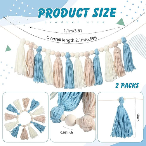 2 Pcs Tassel Garland with Wood Beads, Handmade Cotton Yarn Wall Hanging Banner Boho Tassel Wall Hanging Party Decor for Nursery, Birthday Baby Shower Home Classroom Decoration(Brown Series)