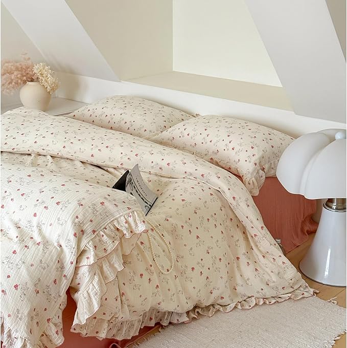 BuLuTu Rabbit Floral Duvet Cover Queen, Soft Lightweight Muslin Cotton Comforter Cover 90"x90", Teens Girls Ruffles Bedding Queen Quilt Covers,Zipper Closure, 4 Ties, No Pillow, Machine Wash