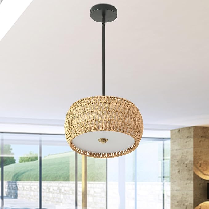 Rattan Pendant Light Kitchen Island,12.8" Hand-woven Modern Semi Flush Mount Ceiling Light Fixture,Boho Woven Lamp Shade Chandelier,Adjustable Farmhouse Hanging Light for Bedroom Bar Hallway