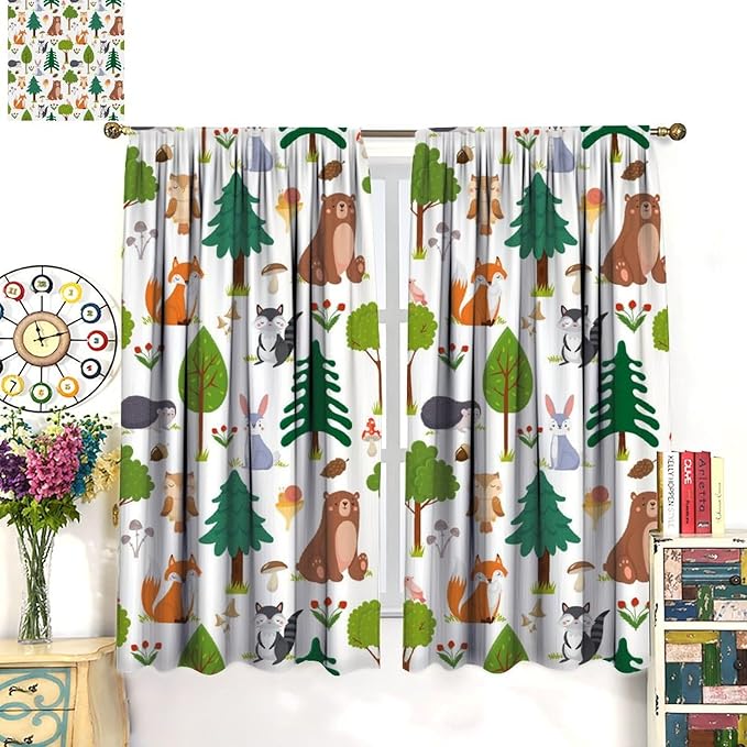 Jungle Animal Curtains, Woodland Animals Forest Pattern Window Treatments, Rod Pocket Thermal Insulated Drapes 2 Panel Sets for Kids Room Nursery Classroom, 42" W X 45" L[Decor]