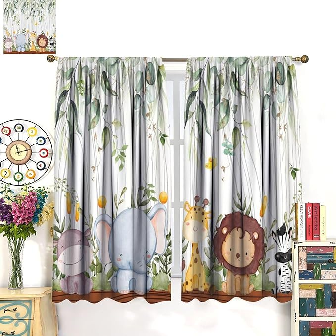 YCness Forest Animal Curtains, Watercolor Wild Animal Bear Fox Deer Kids Window Treatments for Living Room Bedroom, Green Woodland Tree Kids Drapes 2 Panel Sets,42x45 Inch