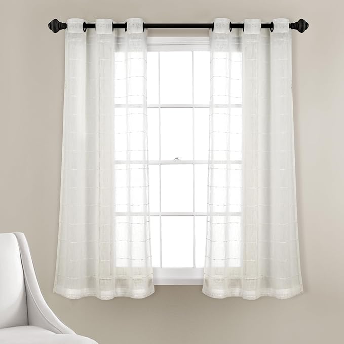 Lush Decor Farmhouse Textured Grommet Sheer Window Curtain Panel Pair, 38"W x 63"L, White