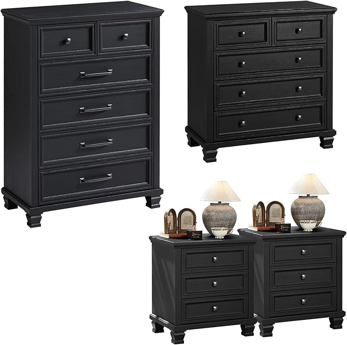 Farmhouse Bedroom Dresser and Nightstand Set of 4, 6 Drawer Tall & 5 Drawers Dresser & 3 Drawer Nightstand Set with Wooden Legs, Rustic Wood Furniture for Bedroom, Hallway, Black