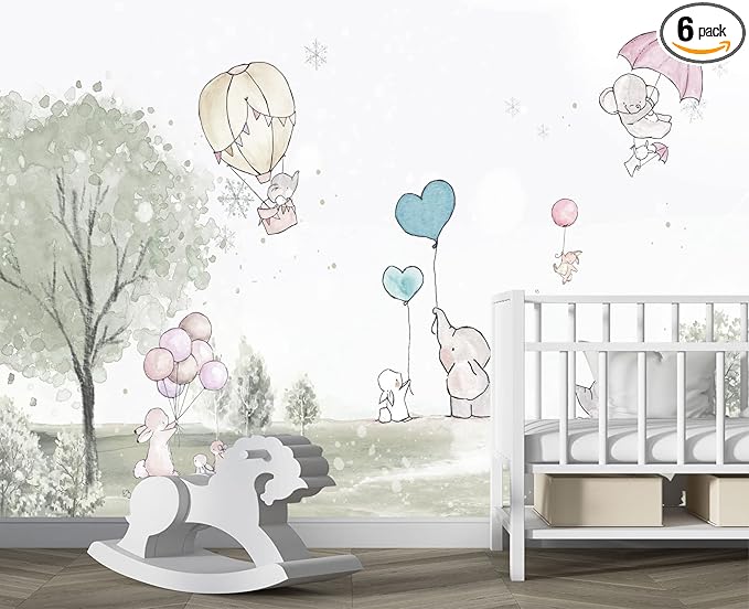 Cartoon Elephant Rabbit Balloon Nursery Wall Mural Wallpaper 137" x 100"