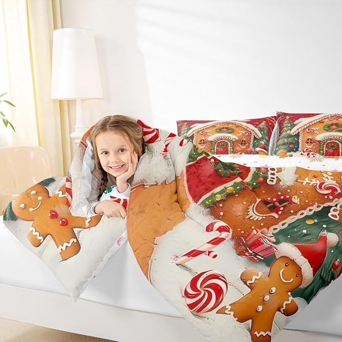 jejeloiu Kids Christmas Theme Comforter Set Toddler Xmas Tree Gingerbread Man Bedding Set for Boys Girls Teens Candy Cane House Winter Happy New Year Duvet Quilt Room Decor