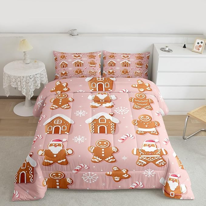 Feelyou Christmas Comforter Set All Season Gingerbread Man Bedding Set with 1 Pillow Cases Santa Microfiber Kids Toddler Bedclothes Snowflake Bedroom Decor Duvet Quilt Breathable Soft Lightweight