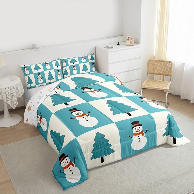 Feelyou Merry Christmas Comforter Set All Season Snowman Bedding Set with 2 Pillow Cases Xmas Tree Microfiber Kids King Bedclothes Bedroom Decor Duvet Quilt Breathable Soft Lightweight
