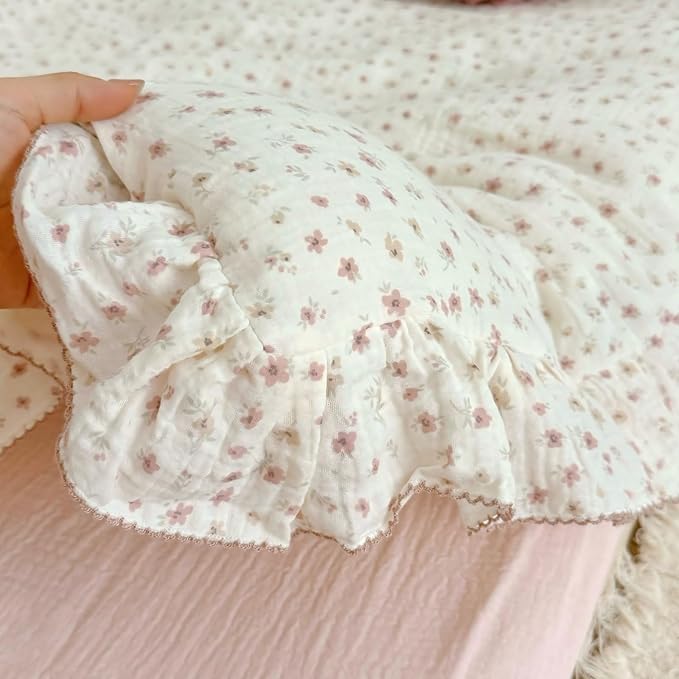 BuLuTu Princess Ruffled Muslin Duvet Cover for King Bed, 100% Cotton Bedding Soft Lightweight Quilt Cover with Zipper, Chic Shabby Pink Floral Print Comforter Cover 90"x104", No Pillow