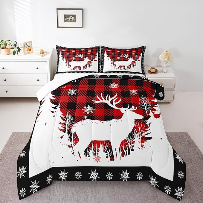 Manfei Christmas Comforter Set Queen Size, Xmas Deer Tree Snowflake Print Bedding Set 3pcs for Kids Boys Girls Bedroom Decor, Black Red Plaid Print Quilt Set with 2 Pillowcases
