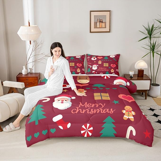 Feelyou Merry Christmas Comforter Set All Season Santa Claus Snowman Bedding Set with 1 Pillow Cases Gingerbread Man Microfiber Kids Toddler Bedclothes Xmas Tree Deer Bedroom Decor Duvet Quilt Soft