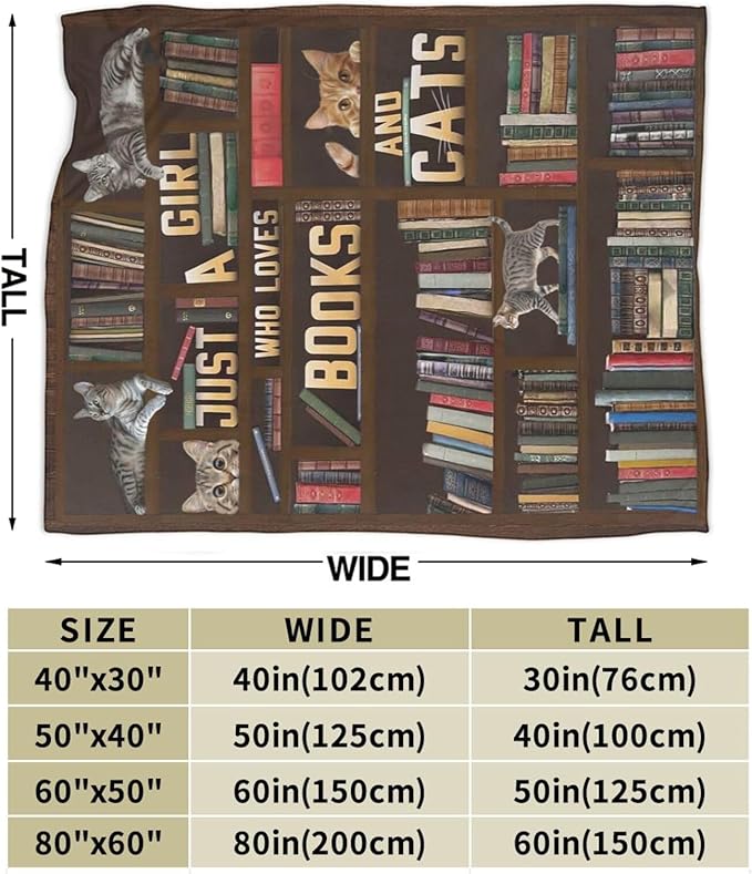 Cute Cat Blanket Just a Girl Who Loves Books and Cats Throw Blankets for Kids Teens Adults Warm Soft Lightweight Plush Funny Animal Print Fleece Flannel Throws Bedding Reading Gifts for Girls 60"x50"
