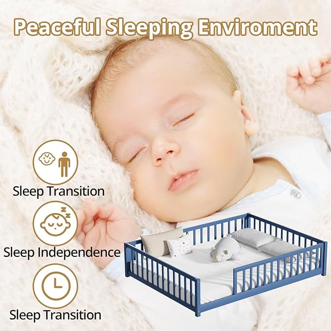 LLS Queen Floor Bed for Kids Toddlers, Solid Wood Multifunctional Montessori Bed Frame with Safety Guardrails, Without Door, Easy Assemble, Mist Blue