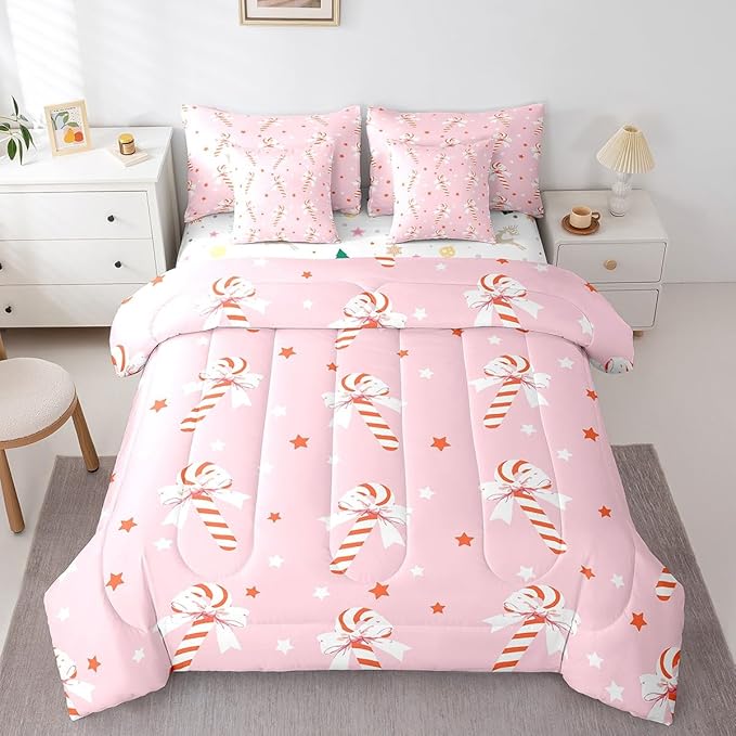 Feelyou Pink Christmas Girly Comforter Set with Sheets Kids Christmas Bowknot Bedding Set Boys Girls Bow Candy Decor Bed in a Bag Xmas Theme Bed Set Bedroom King Size
