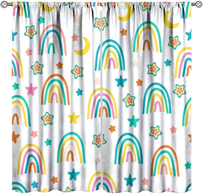 Kids Rainbow Curtains Cartoon Rainbow Abstract Bohemia Floral Lovely Stars Pattern Print Window Drapes for Girl Bedroom Living Room Kitchen Decor,2 Panel Set,72Wx63H Inch Blackout